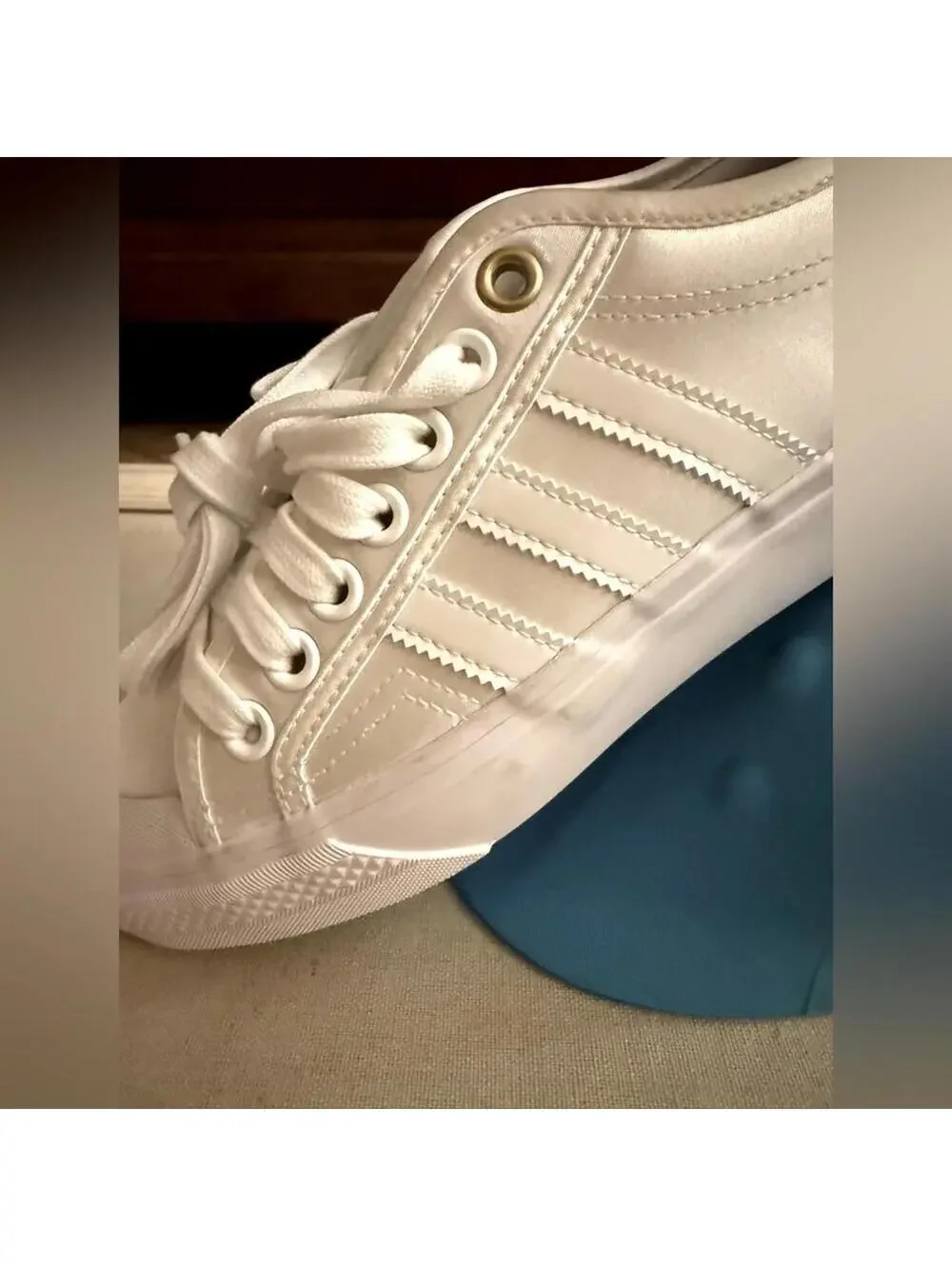 Adidas Vintage White satin sneakers, patent stripes and embroidery NWOT US 8.5